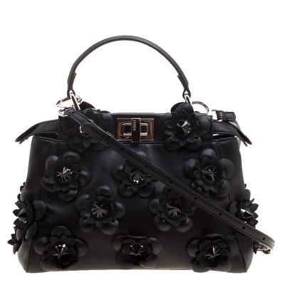 FENDI　Black Leather Mini Peekaboo Allover Flowers Black Edition Top Handle Bag
