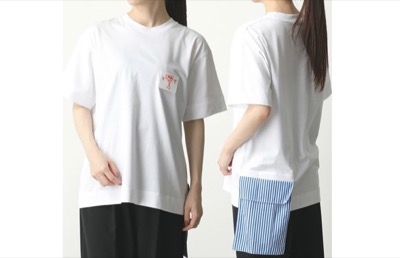 PLAN C　WHITE T-SHIRT WITH PATCH AND STRIPED BACK POCKET