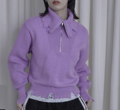 miette（ミエット）　ハーフジップダメージニットプルオーバー