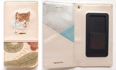 SAKURAYAMA（サクラヤマ）　刺繍スマートフォンケース ねこベージュ