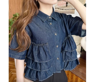 moment+(モーメントプラス) 半袖ショート丈ティアードフリルシャツ