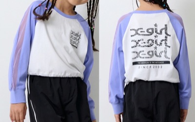 X-girl Stages（エックスガールステージス）　メッシュ肩ラインショート丈長袖Tシャツ