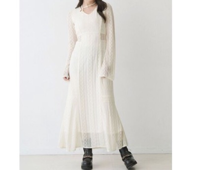 MERCURYDUO（マーキュリーデュオ）　カットレースブロッキングフレアスリーブマーメイドワンピース