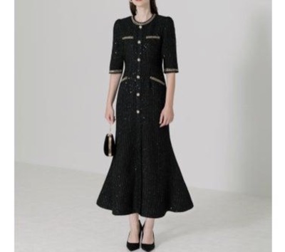 Leja（レジャ）　ラメ混ツイードパール釦スパンコール刺繍ドレス