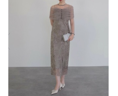 Leja（レジャ）　チュールオフショルダー花柄Iラインワンピースドレス