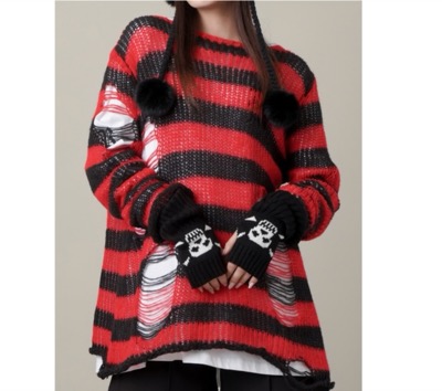 SPINNS(スピンズ) ボーダーデザイン ダメージニット