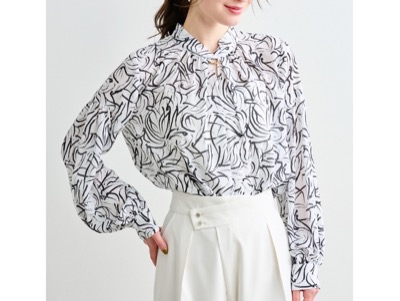 LOUNIE（ルーニィ）　ブラッシュプリントボウタイブラウス