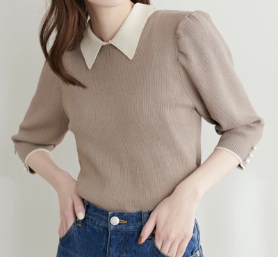 natural couture（ナチュラルクチュール）　配色衿付き6分袖リブニット