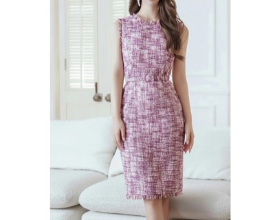 GINZA COUTURE（銀座クチュール）　ツイード タイト ワンピース フリンジデザイン スリット ミディ丈 ドレス