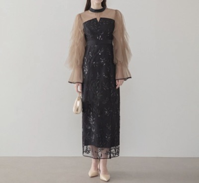 LEJA(レジャ) パイピングチュールシアースリーブスパンコールフラワーIラインワンピースドレス