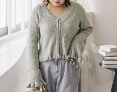 CLETTE（クレット）　ビジューボタンフリル使いニットカーディガン