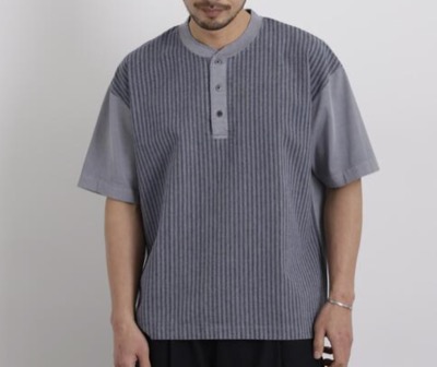 NANO universe(ナノユニバース) オーバーダイジャガードストライプヘンリーTシャツ 半袖