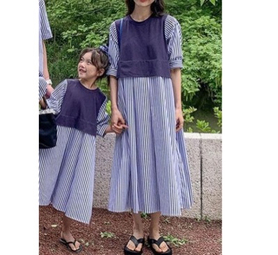 リンクコーデ 親子セット 縞柄 ネイビー ワンピース
